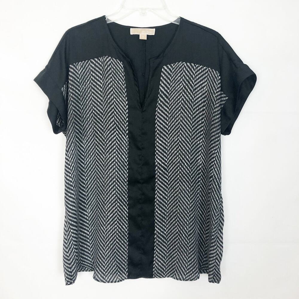 Michael Kors Black and White Short Sleeve Mixed-Panel Blouse